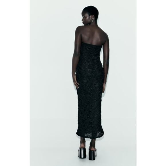 Zara Black Ruched Lace Strapless Midi / Maxi Dress Size Small - Picture 8 of 10